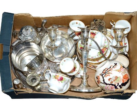 Miscellaneous plated ware and porcelain, including candelabra, teapot, Mason's ginger jar and Queen's tea service, etc