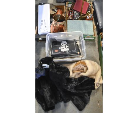 Miscellaneous metalware and bygones, to include a fur capelet and coat, copper jug, various records, horn dish, a Paul Cummin