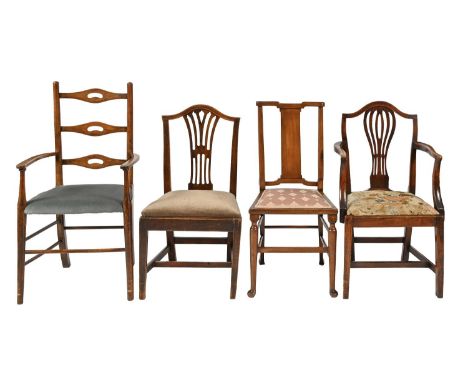 A Victorian oak elbow chair, with pierced splat, a contemporary ladder-back elbow chair and two others