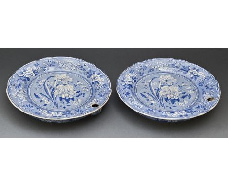 A pair of Copeland &amp; Garrett blue printed earthenware water plates, c1840, with transfer print from the botanical series,