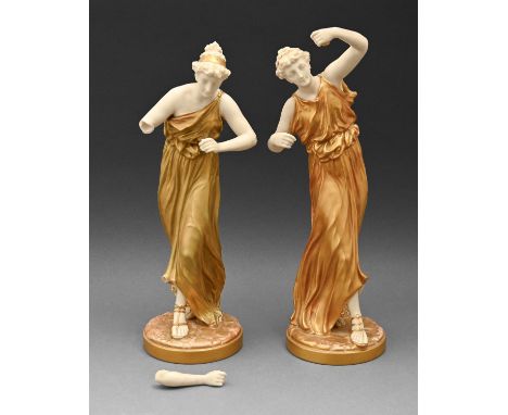 A pair of Royal Worcester figures of classical maidens as 'Music' and 'Dancing', 1918, designed by James Hadley, 32.5cm h, pu
