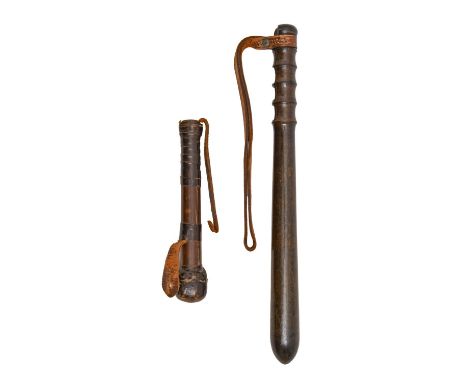 A leather covered wood cosh with lead head, early 20th c, 20cm l and a War Office specification cocus wood truncheon, second 