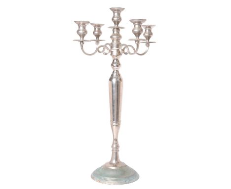A silvered metal five-branch candelabra, 89cm h