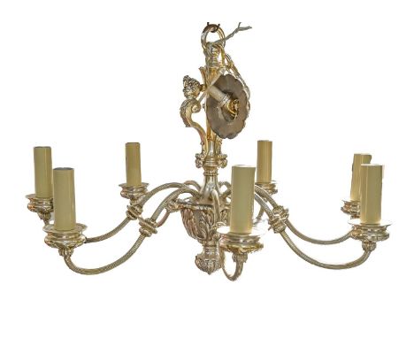 A silvered metal antique style seven-branch chandelier, 66cm w and a set of three twin-branch wall lights en suite