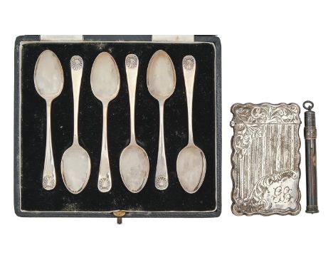 An Edwardian silver card case, foliate engraved and engine turned, 88mm h, by J Gloster, Birmingham 1905, a cased set of six 