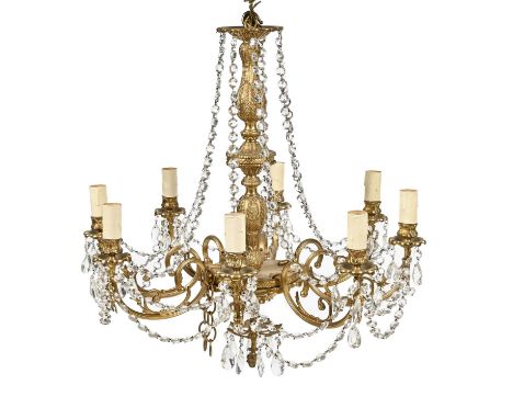 An antique style giltmetal and cut glass eight-branch chandelier, 62cm w and a set of six twin-branch wall lights, en suite