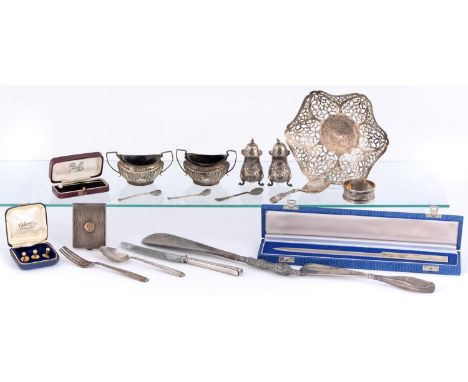 An Elizabeth II pierced hexagonal silver sweetmeat dish, 12 x 12cm, by A Paite &amp; Sons Ltd, London 1966 and miscellaneous 