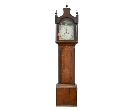 An oak longcase clock, 19th c, crossbanded in mahogany, the painted arched top indistinctly inscribed Wisbech, the hood with 