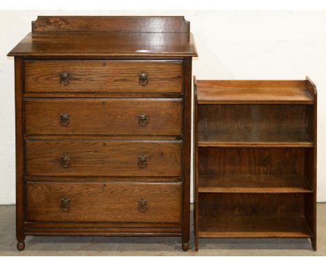 An oak chest of drawers, c1930, 109cm h; 92 x 49cm and a contemporary oak bookcase, the upper shelf enclosed by sliding glass