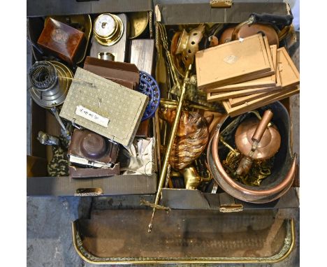 Miscellaneous copper, brass and other metalware, Victorian and later, including copper coal scuttle with swing handle, pierce