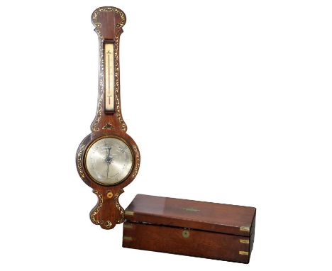 A brass bound mahogany writing box, early 20th c, 50cm w and a contemporary mother-of-pearl inlaid rosewood barometer, with s