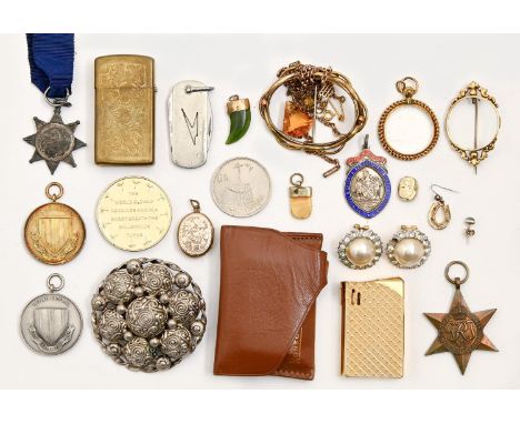 Miscellaneous silver medals and badges, costume jewellery, two lighters and a brass vesta case, France and Germany Star, gold