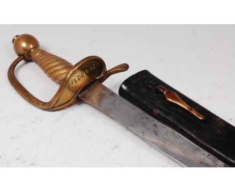 A 19th century Police Hanger, having an unmarked 59cm curved blade, brass D shaped knuckle guard stamped 16B3C168 and ribbed 