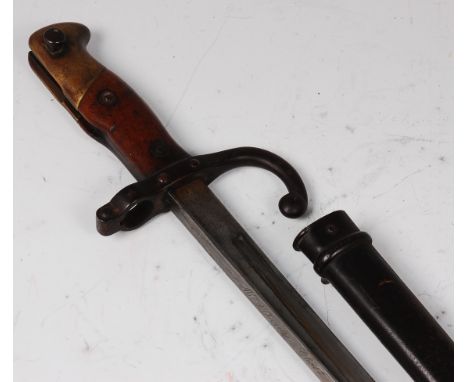 A French model 1874 Gras bayonet, the 52cm steel blade stamped to the back edge Mre d' armes de Chat 1876, with a hooked quil