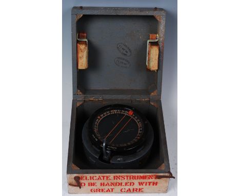 A WW II R.A.F. Lancaster Bomber Type P8 flying compass serial no. 77220.D with Air Ministry label, in original box stamped wi