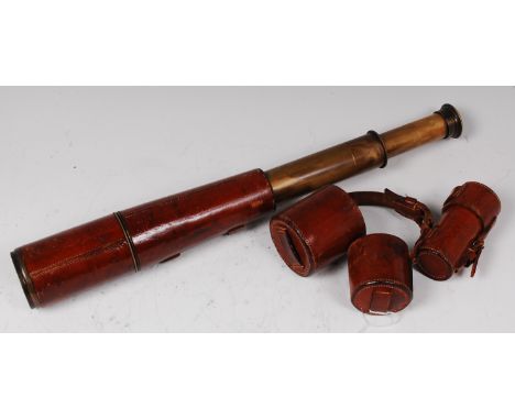 A WW I brass and leather clad four drawer telescope, stamped TEL: SIG (MK II) also G.S. BROADHURST CLARKSON & Co. LONDON 1915