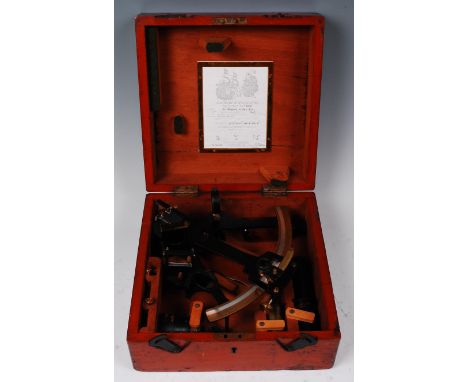 A mid-20th century Husun black lacquered and brass triple ring sextant no. 15048 by H. Hughes & Son Ltd., having a 7 inch rad