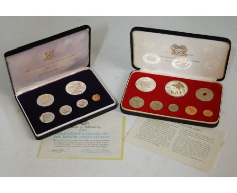 Cased 1975 First Coinage of Papua New Guinea 8-coin proof set; together with a cased 1973 First Coinage of the British Virgin