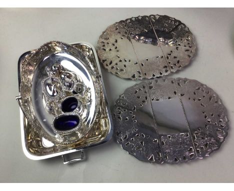 SILVER SHERRY LABEL, AND SILVER PLATED ITEMS  including a three piece tea service, trays and dishes