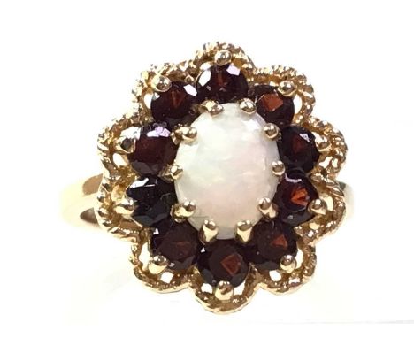 BIRKS GARNET AND OPAL RING, marked 14K, size LQty: 4.7g