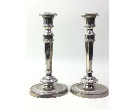 PAIR OF SILVER PLATED CANDLESTICKS, ALONG WITH OTHER PLATED AND PEWTER ITEMS the candlesticks with circular base, the other i