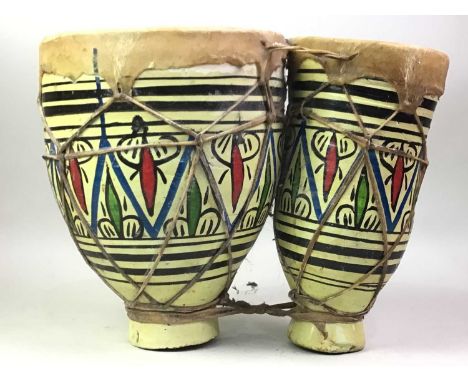 PAIR OF AFRICAN STYLE DRUMS, AND TWO SETS OF BONGO DRUMS one set of tapered form, another bearing the makers name 'Block'tape