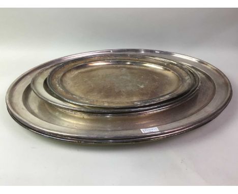 SEVEN SILVER PLATED OVAL SERVING TRAYS, ALONG WITH FURTHER SILVER PLATE comprising tea and coffee pots, sauce boat and dishes