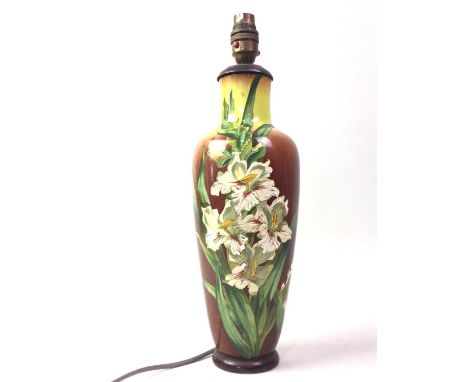 A. EUPHEMIA THATCHER FOR ROYAL DOULTON, LAMBETH TABLE LAMP, ALONG WITH TWO FURTHER TABLE LAMPS the first decorated with flowe