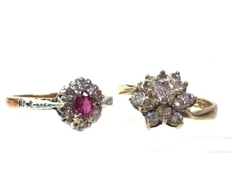 RUBY AND DIAMOND CLUSTER RING, in eighteen carat gold, size K 1/2, along with a nine carat gold CZ cluster ring, shank missha