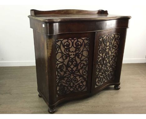 VICTORIAN ROSEWOOD CHIFFONIER, with serpentine front and two fretwork doors103cm high, 108cm wide