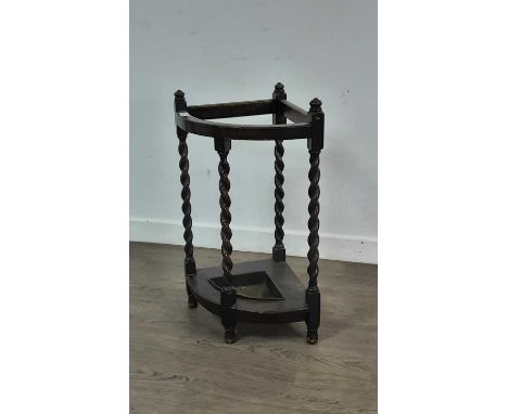 OAK BARLEY TWIST CORNER STICK STAND, ALONG WITH ASSORTED STICKS including an Edwardian riding crop with silver collar