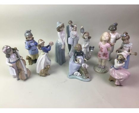 GROUP OF NAO FIGURES, one modelled as a married couple, model number 1437, another as a child with harp and various other Nao