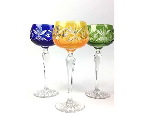 SET OF SIX CRYSTAL HOCK GLASSES, in harlequin colours including green, red, orange and blue19.5cm highOverall, this lot is in