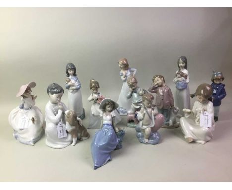 GROUP OF NAO FIGURES, including a child with dog, another modelled as a lady with a basket with flowers and various other Nao