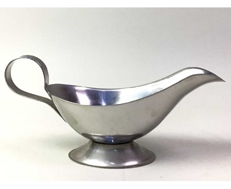 GROUP OF SILVER PLATED WARE, including a gravy boat, cake stand, teapot and further, along with a small group of silver plate