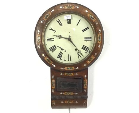 VICTORIAN INLAID ROSEWOOD WALL CLOCK, ALONG WITH TWO FURTHER WALL CLOCKS also a wheel barometerthe first 69cm highQty: 4