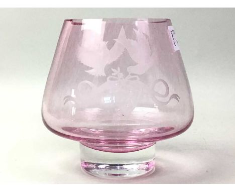 GROUP OF GLASSWARE, including a pair of Caithness pink glass vases each with frosted dove decoration, a Royal Crystal Rock gl