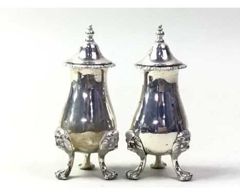 SILVER CRUET SET, with silver saltsThis set are matching in their design, as all the rims show the same pattern. There is one
