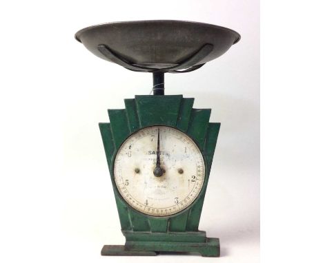 ART DECO SALTER KITCHEN SCALES, AND OTHER ITEMS  including a brass oil lamp, a brass candelabra and an electric converted oil