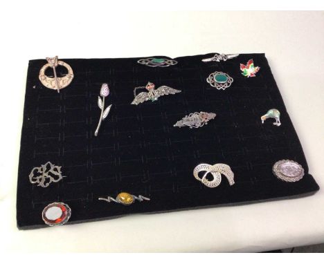 GROUP OF SILVER AND OTHER BROOCHES, including enamel, marcasite and citrine set examplesQty: 13