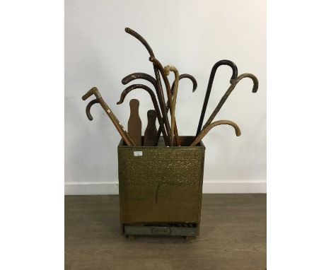 BRASS STICK STAND, the stick stand with embossed decoration, also including various sticksstick stand 52cm high