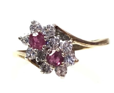 RUBY AND CUBIC ZIRCONIA CLUSTER RING, in nine carat gold, size OQty: 2g