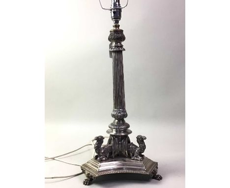 SILVER PLATED COLUMN TABLE LAMP, with camel mounts on paw feet49cm high