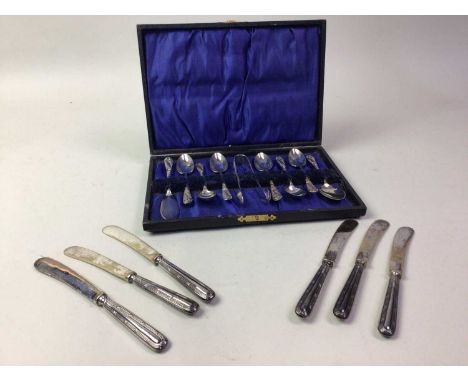 GROUP OF FLATWARE, comprising six silver handles knives, a set of silver plated teaspoons, as well as tongs