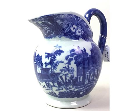 BLUE AND WHITE WASH BASIN AND EWER, ALONG WITH THREE WILLOW PATTERN JUGS also a bowl and a vasebasin 30.5cm diameter