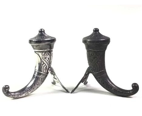 NORWEGIAN SILVER CRUET SET, comprising two pairs of salt and pepper shakers, and an open salt with spoon