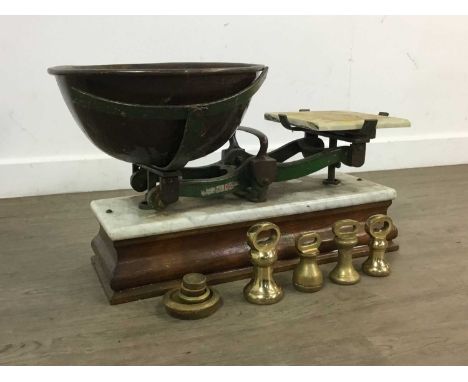 SET OF SCALES, BY J WHITE & SON, AUCHTERMUCHTY with brass weights50cm wide