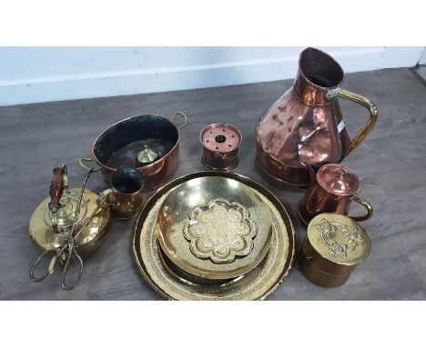VICTORIAN COPPER MEASURE, AND OTHER BRASS AND COPPER ITEMS  the measure with brass handle, along with and Arts &amp; Crafts d