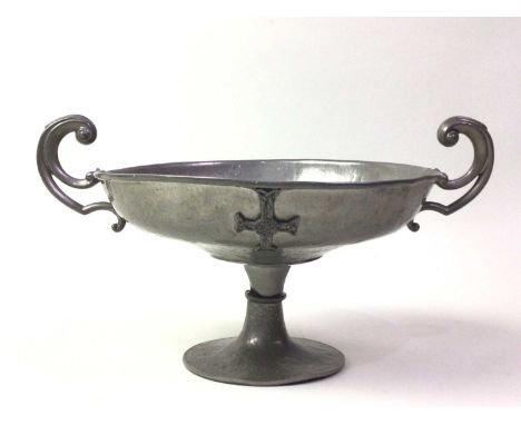 PEWTER TWIN HANDLED TAZZA, AND OTHER ITEMS  the tazza with scroll handles embossed with Celtic Crosses, along with other item