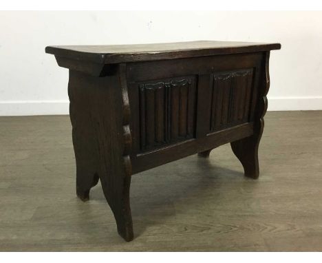CARVED OAK STORAGE CHEST, 20TH CENTURY  along with a carved oak gate leg tablechest 68cm wideQty: 2